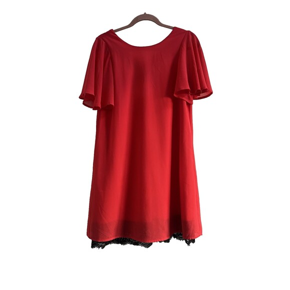 Festive Red Sheath Dress with Black Lace Trim Cross Back Flutter Sleeve Chiffon - Picture 3 of 6